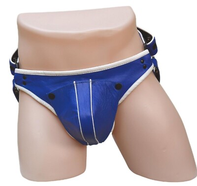 Custom Real Leather Blue Jockstrap with Codpiece Premium Fetish Underwear
