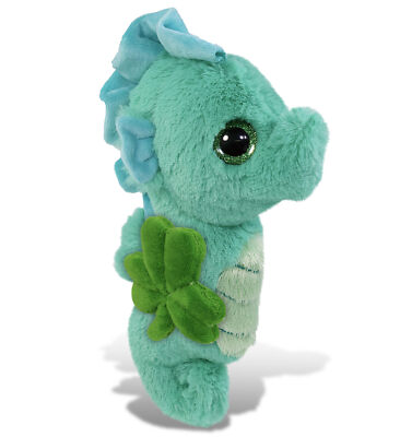 DolliBu Big Eye Seahorse Stuffed Animal with Green Plush Shamrock - 10 Inches