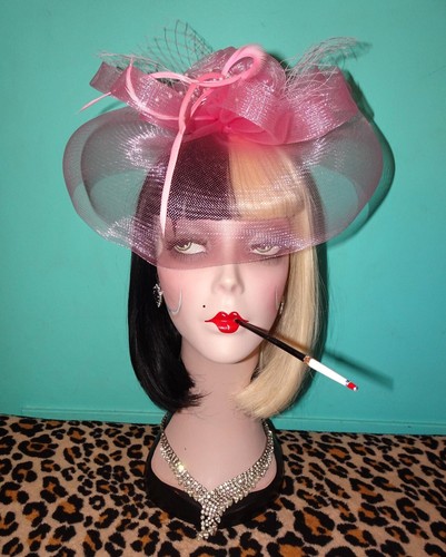 Vintage Pink Fascinator Hat w/ Veil Feathers & Bow pinup retro Kentucky Derby