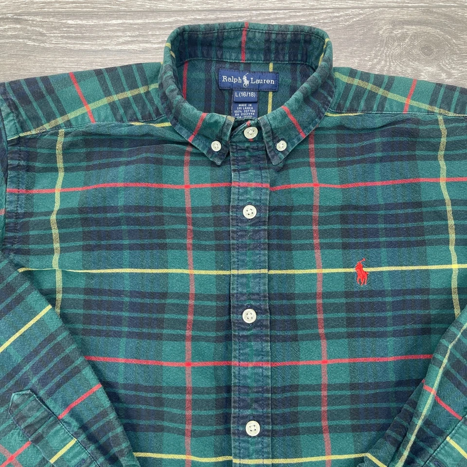 Polo Ralph Lauren Shirt Boys Large Green Tartan Plaid Windowpane Christmas - Image 2 of 4