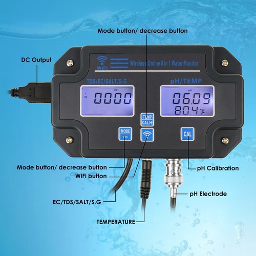 6 In 1 Water Quality Tester Meter Measure pH/EC/TDS/Salinity/SG/Temperature data - Picture 7 of 9