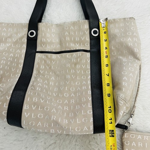 BVLGARI Logomania Canvas Beige/Brown Leather Handles Tote Bag w/ Pouch - Picture 14 of 24
