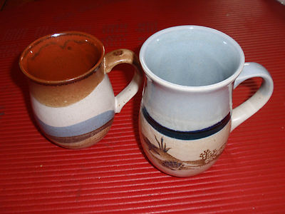 TWO HANDMADE HAND GLAZED AND HAND PAINTED COFFEE MUGS