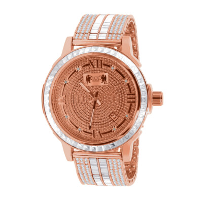 Mens 18K Rose Gold Finish Solid Steel Bezel Custom Band Watch W/Date Function