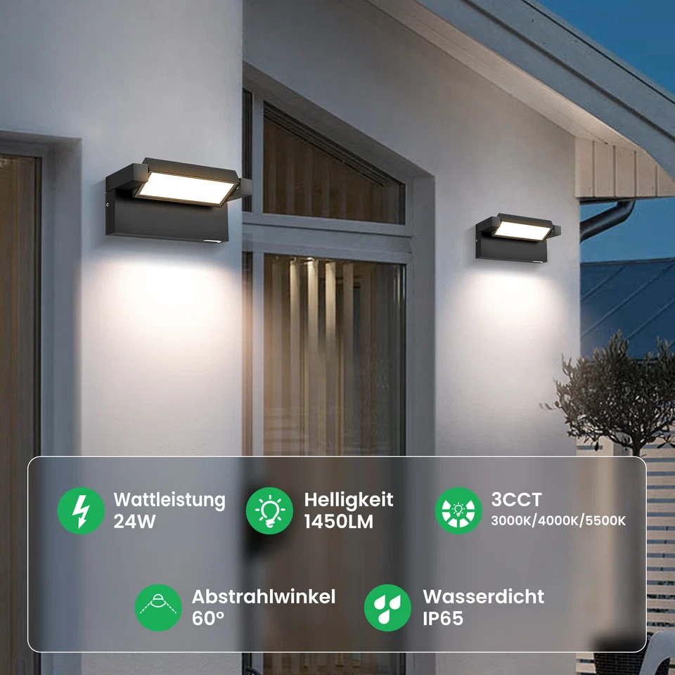 24W LED Wandleuchte Schwarz IP65 Innen Außen Schwenkbar Drehbar PIR Sensor Lampe - Bild 2 von 4