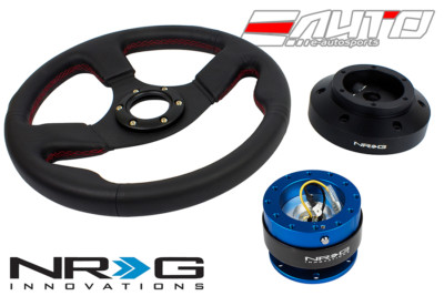 NRG 320mm Race Leather Red Stitch Steering Wheel 101H Hub 2.0 Blue Quick Release