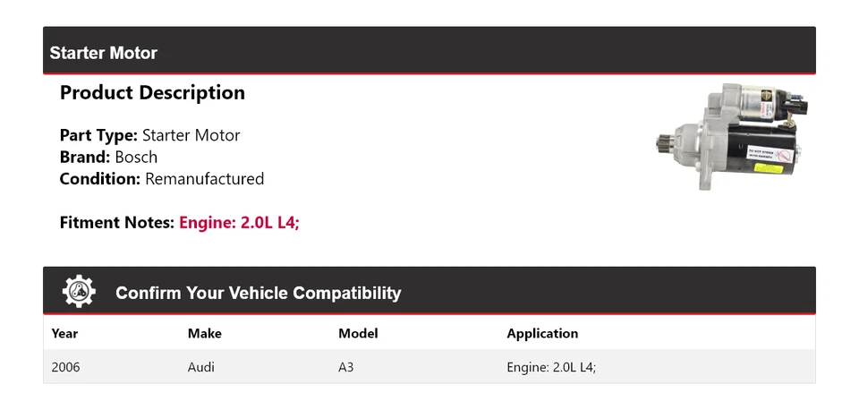 For 2006 Audi A3 2.0L L4 Bosch Starter (Remanufactured) - Image 2 of 4