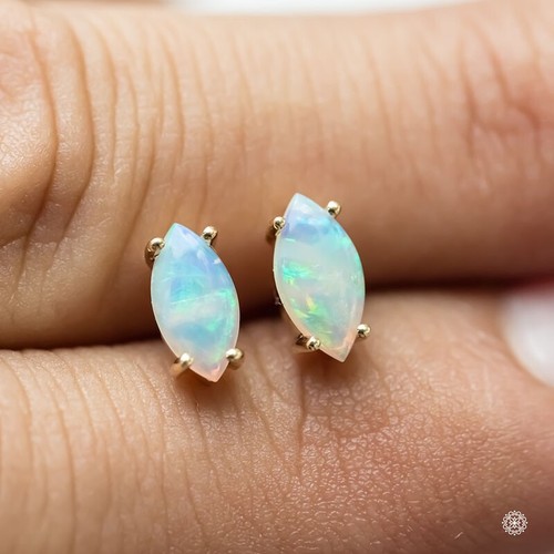Dainty Marquise Cut Australian Solid Opal Stud Earrings 14K Yellow Gold - Picture 6 of 7