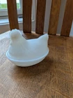 VTG Hazel Atlas Hen On A Nest White Opaline Milk Glass Lidded Butter Dish 1940s