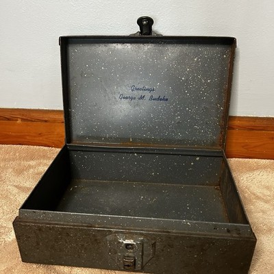 Antique Metal Box No Key - Greetings George M Budeke Strongbox