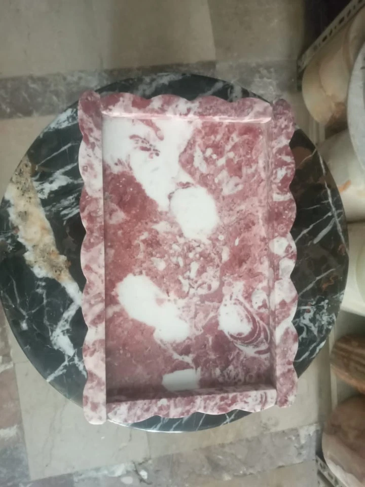 Роскошный мраморный поднос с розовым и белым камнем с зубчатым краем, 12x8"" - Изображение 3 из 4