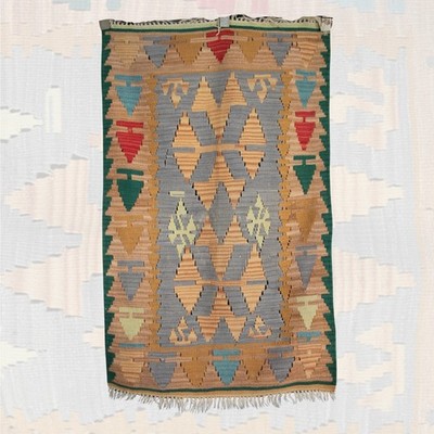 Vintage Wool Boho Rug - 2x4 ft | Tribal Turkish Kilim Carpet for Bedroom