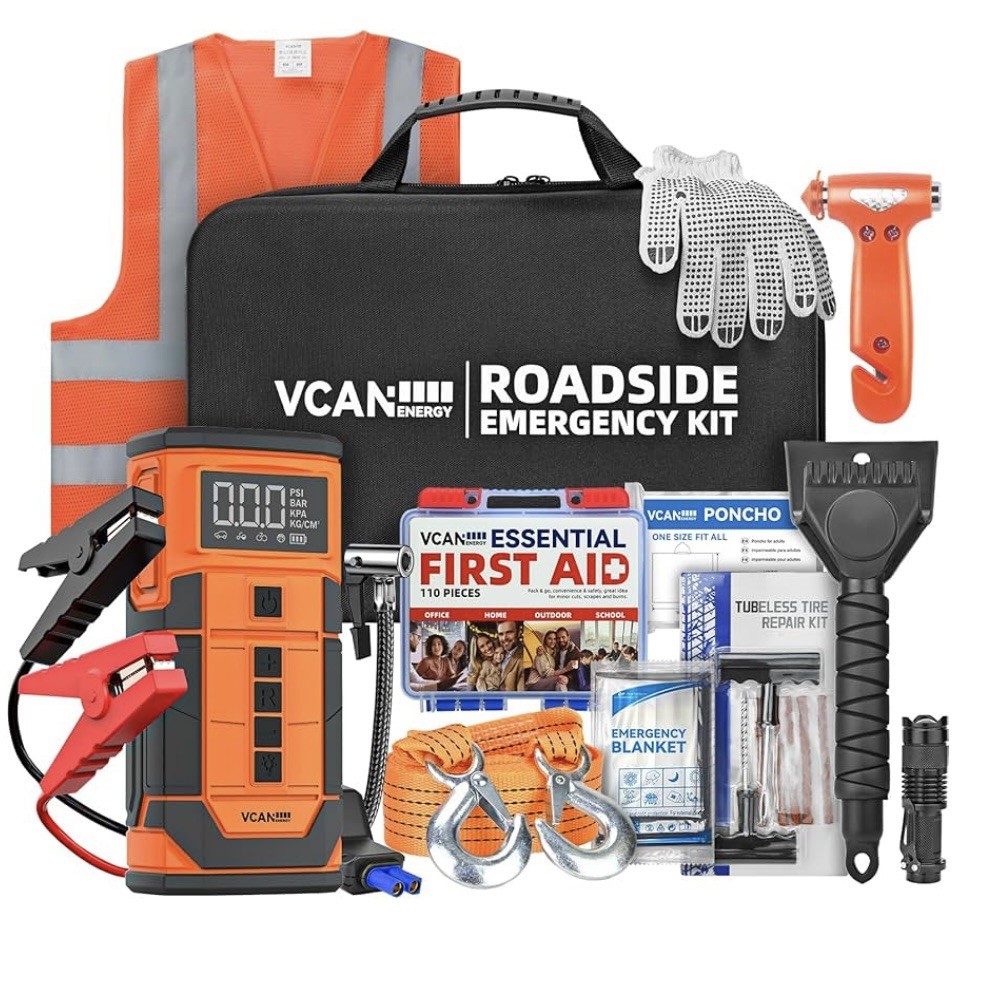 Jump Starter with Air Compressor, VCANENERGY Roadside Emergency Car Kit with 12V
