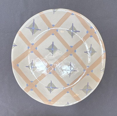 Aletha Soule Round Glossy Ceramic Plate Beige Blue Geometric Pattern CHIPPED