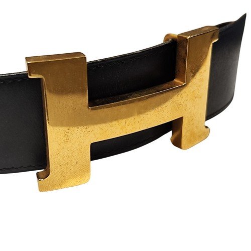 Hermes H Belt Buckle Authentic Reversible Gold Black Leather Very Good - Picture 2 of 5