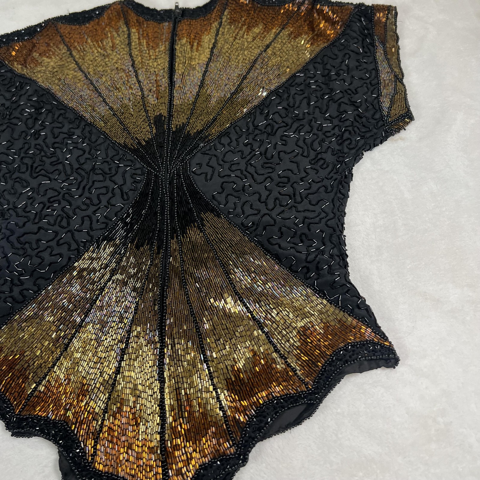 Vintage Oleg Cassini Shirt Womens Small Black Gold Beaded Silk Evening Top 80s