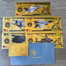 Juego de billetes de lámina de oro para aviones militares F35 F22 F16 B2 AH64 | 5 diseños + sobre