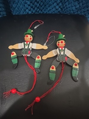 Lot Of 2 Vtg Wood Pull String Ornaments Jointed Men Lederhosen Jumping Jacks