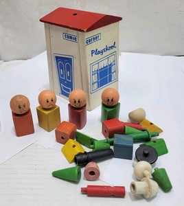 Vintage Playskool wooden toy lot  Comic Corner building pieces and figures.