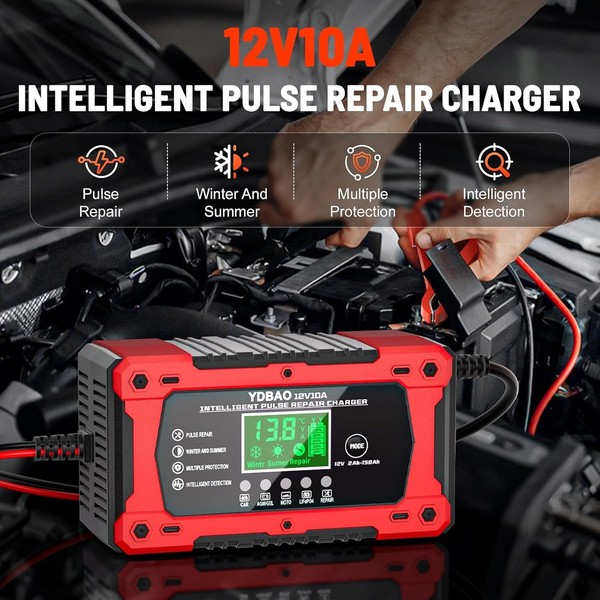 Autobatterie LadegeräT 10A 12V Lcd Display Intelligentes Reparaturmodus Agm Gel-image