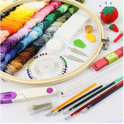 Cross Stitch Tools Set with 100 Color Threads, Bamboo Hoops