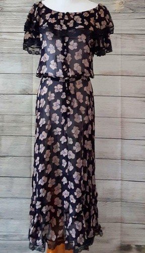 Vtg Black Floral Dress Long Ruffled Hem w Lace Cape Top with flutter sleeve - Picture 5 of 6
