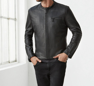 Men s Black Crocodile Embossed 100% Real Leather Racer Jacket Zip-Up Luxury Coat