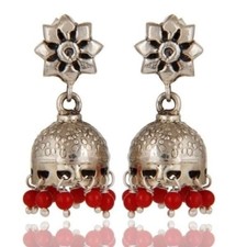Red Coral Black Rhodium 925 Sterling Silver Jhumka Earrings Gemstone Jewelry