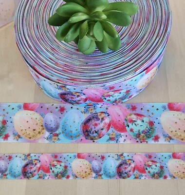 7/8 & 1.5'' (1 YD) Easter Egg Grosgrain Ribbon Colored Eggs Speckeled Flowers Bow