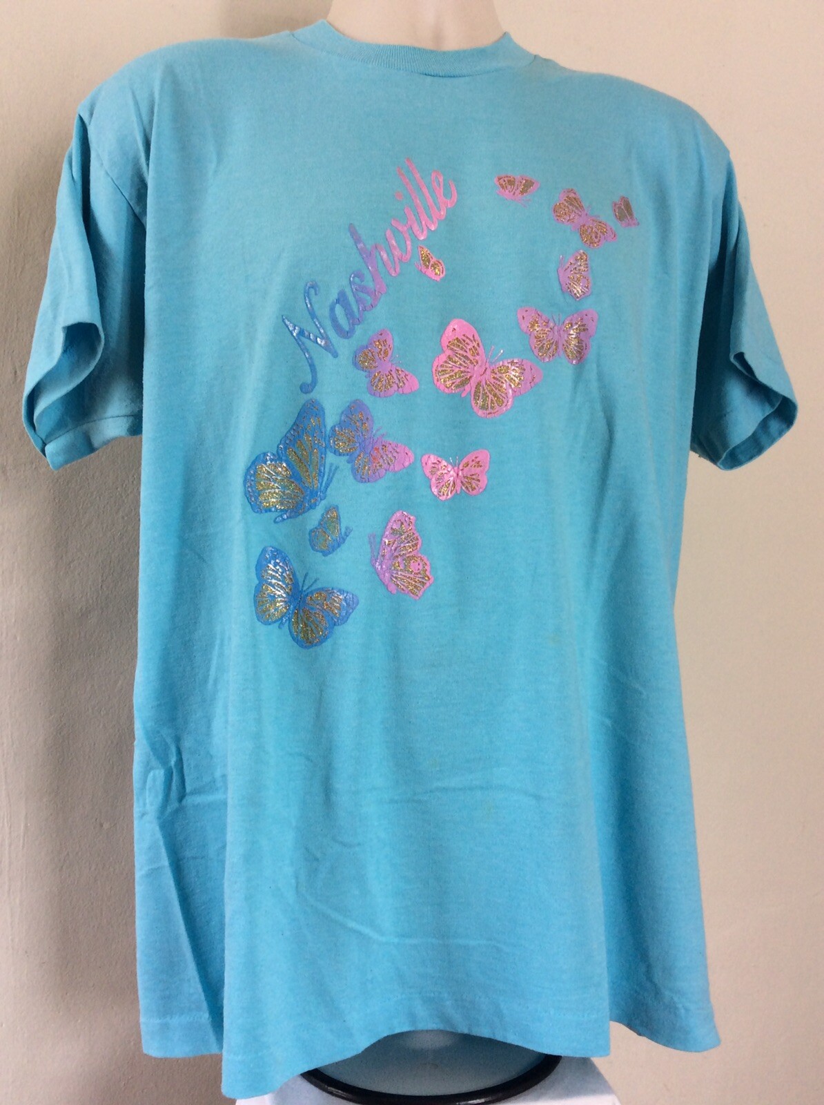 Vtg 80s Early 90s Screen Stars Nashville T-Shirt Blue L/XL Butterfly Souvenir