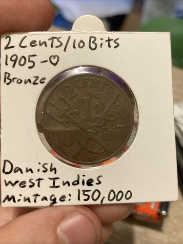 1905 danish west indies 2 cents 10 bit World Copper Coin - Picture 3 of 3