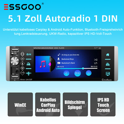 Single 1 DIN 5'' Wireless Apple Carplay Autoradio Android Auto USB Bluetooth AUX