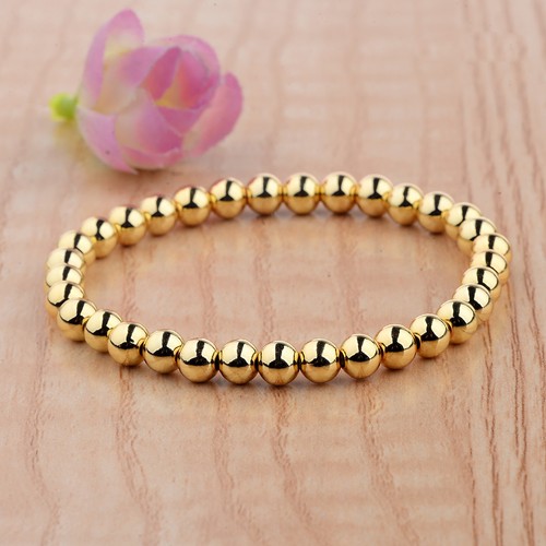 Men Women Fashion Gold 6MM Copper Round Beads Classic Strand Bracelets Jewelry - Picture 2 of 9