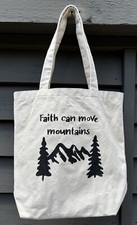 Christian FAITH CAN MOVE MOUNTAINS Canvas TOTE BAG 13" Trees Handles EUC