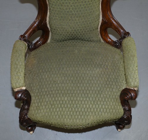 LOVELY VICTORIAN LIBRARY READING CARVED WOOD SHOW FRAMED ARMCHAIR ORIGINAL - Picture 6 of 12