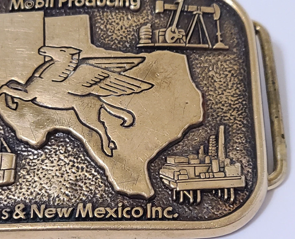 Hebilla de cinturón de latón macizo Mobil Oil Pegasus Texas y Nuevo México de colección BTS 1983 RARA Foto 3 de 4