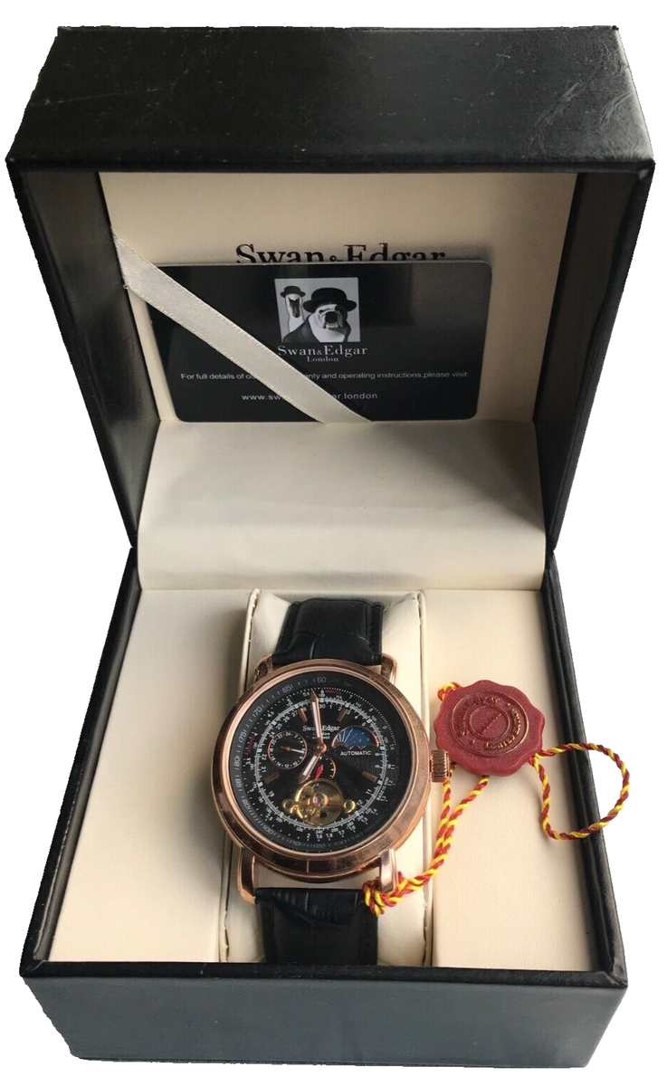 NEW SWAN EDGAR BLACK ROSE GOLD MOONFACE AUTOMATC WATCH 5yr  WARRANTY