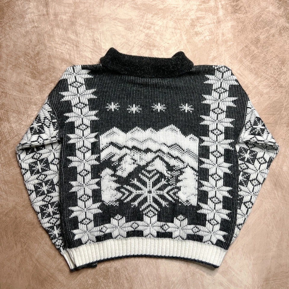 Suéter de esquí de montaña vintage años 70 Grand Knitwear Fair Isles cuello negro blanco Foto 2 de 4
