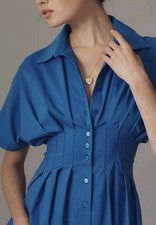 Exquise Anthropologie Midi Shirt Dress Tobie Blue Pleated Preppy Retro XXS NWT