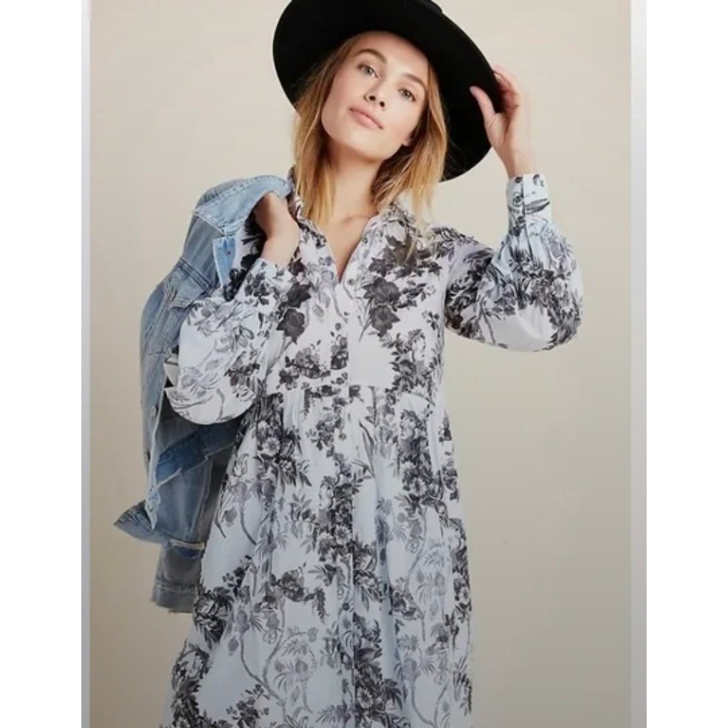 Anthropologie Lavinia Floral Print Tiered Midi Dress 0P Long Sleeve Button  Front | eBay