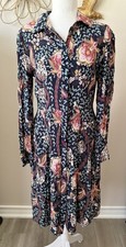 LOFT Floral Shirt Dress Size 4 Navy Pink Button Front Long Sleeve Pockets
