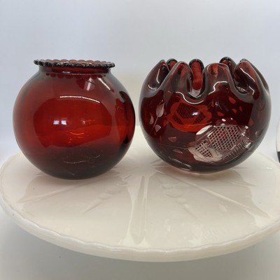 Ruby Red Ivy Ball And Ruby Red Rose Bowl Set Of 2 Vases Vintage Etched Beaded