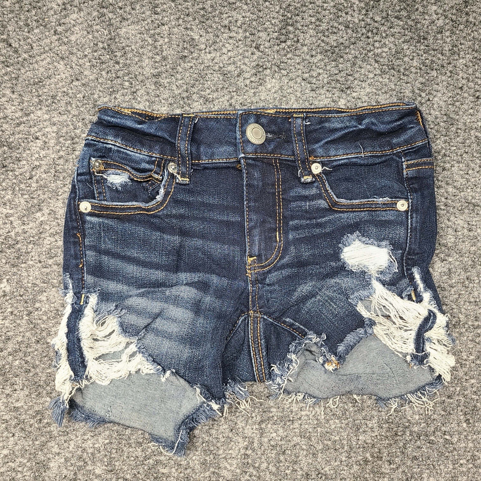 American Eagle Women’s Midi Denim Shorts Size 0 Distressed Frayed Hem Dark Wash