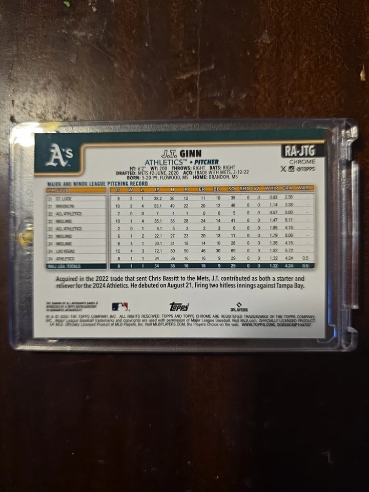 JT Ginn (RC) /50 Auto Gold SSP Athletics (P) 2025 Topps Chrome Rookie A's ** - Image 4 of 4