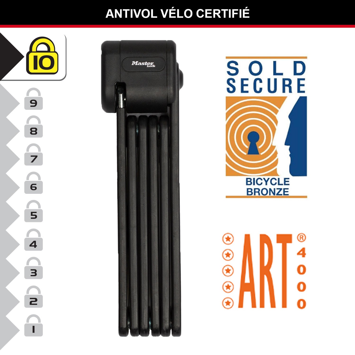 Antivol vélo pliable Master Lock noir en acier cémenté avec support de cadre - 3