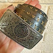 CHICO  S Belt Womens Cowhide BLACK Leather Brown STITCHING ORNATE BUCKLE M/L