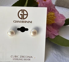 Giani Bernini CZ Sterling Silver Pearl Stud Small Classic Earrings 8 MM NEW $50
