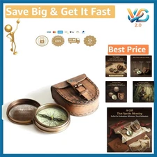 Antiqued Brass Poem Compass with Leather Case Portable Engraved Gift