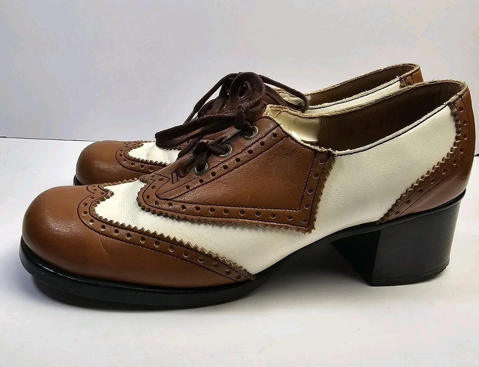 Vintage 1970s Oxford Brogue Spectator Shoes Size 8M Brown & White Leather READ - Image 3 of 4