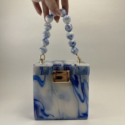 Marble  Ink  Pattern Acrylic Hard Box Clutch Purse Blue & White W Beaded Handle
